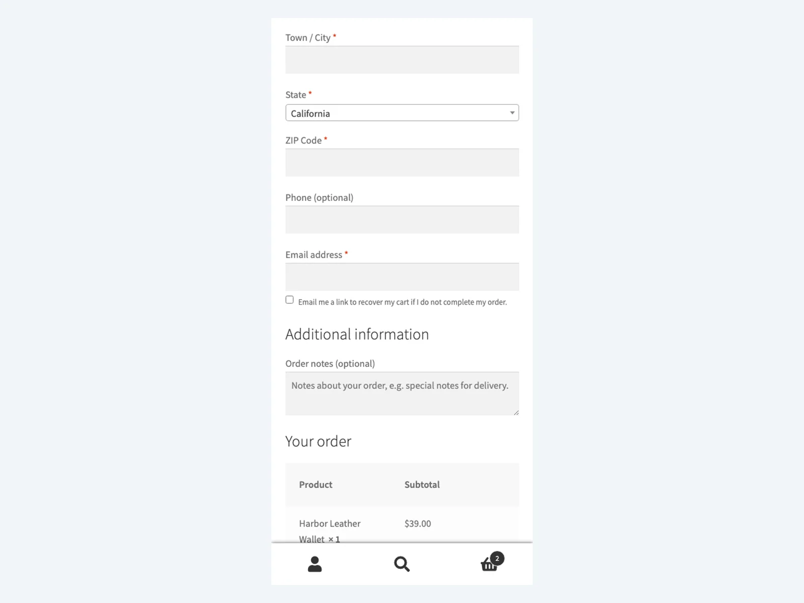 Cart-recovery consent at checkout on a phone