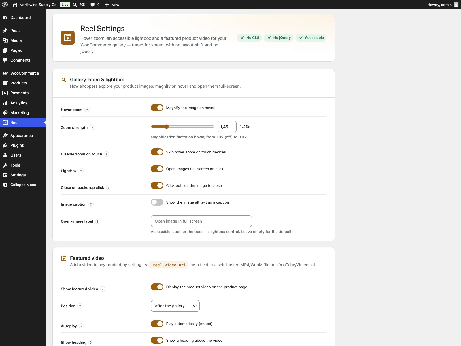 Reel settings in the dashboard