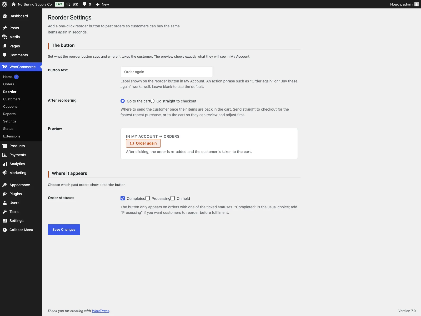 Reorder settings in the dashboard