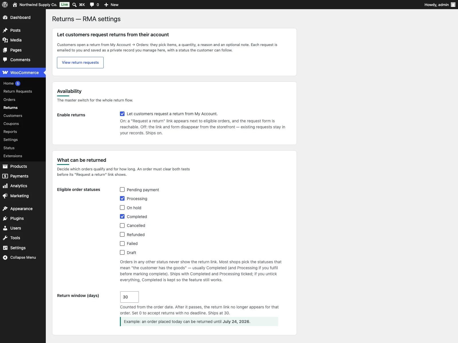 Returns settings in the dashboard