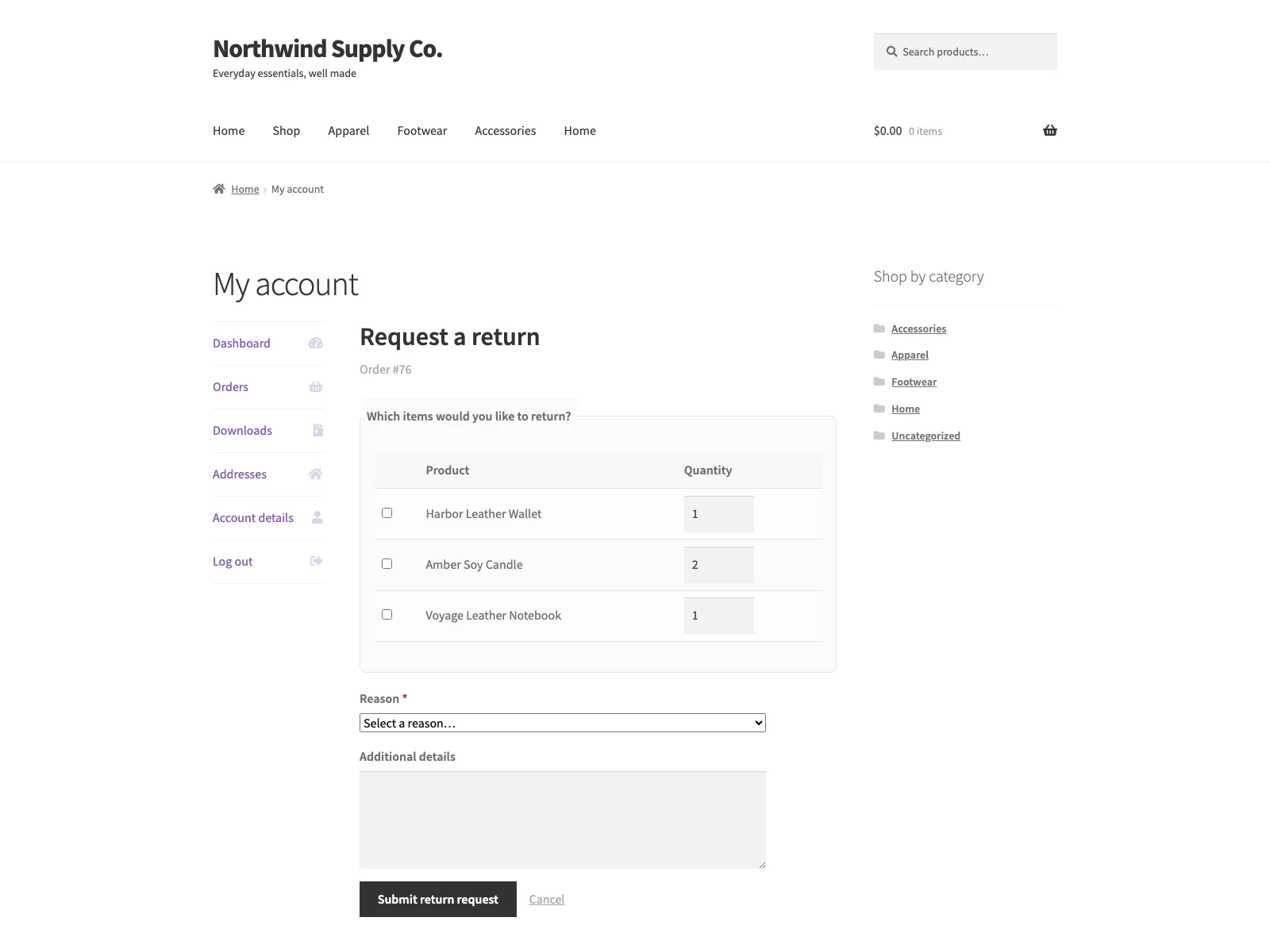 Return request form in My Account