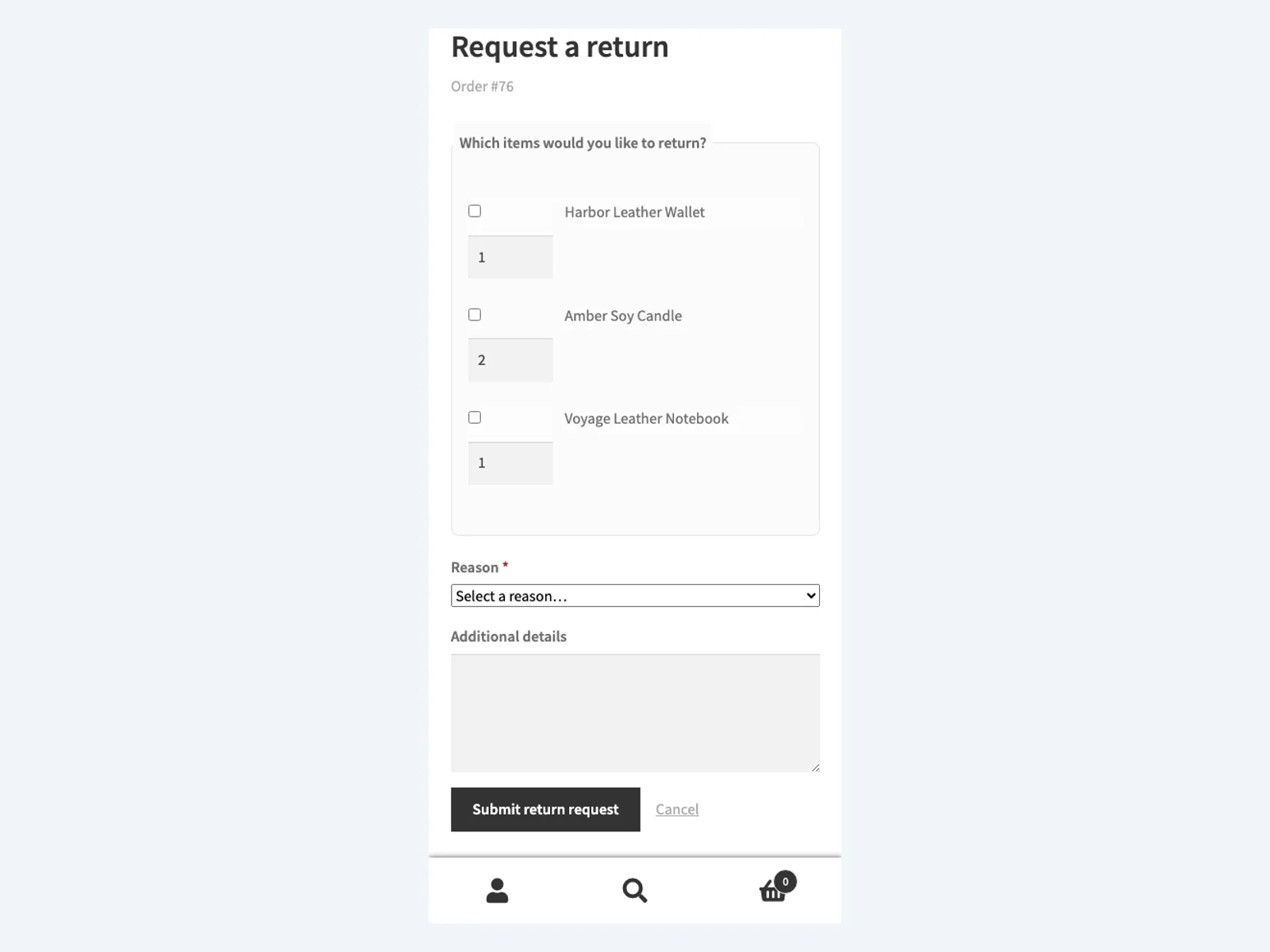 Return request form on mobile