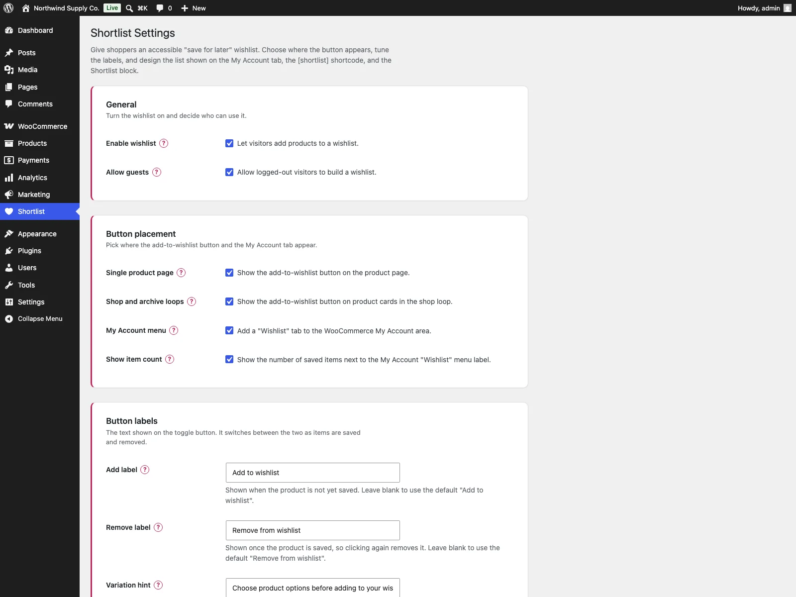 Shortlist settings in the dashboard