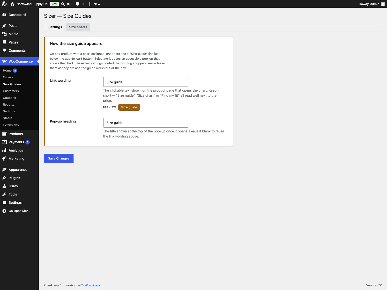 Size guide settings in the dashboard