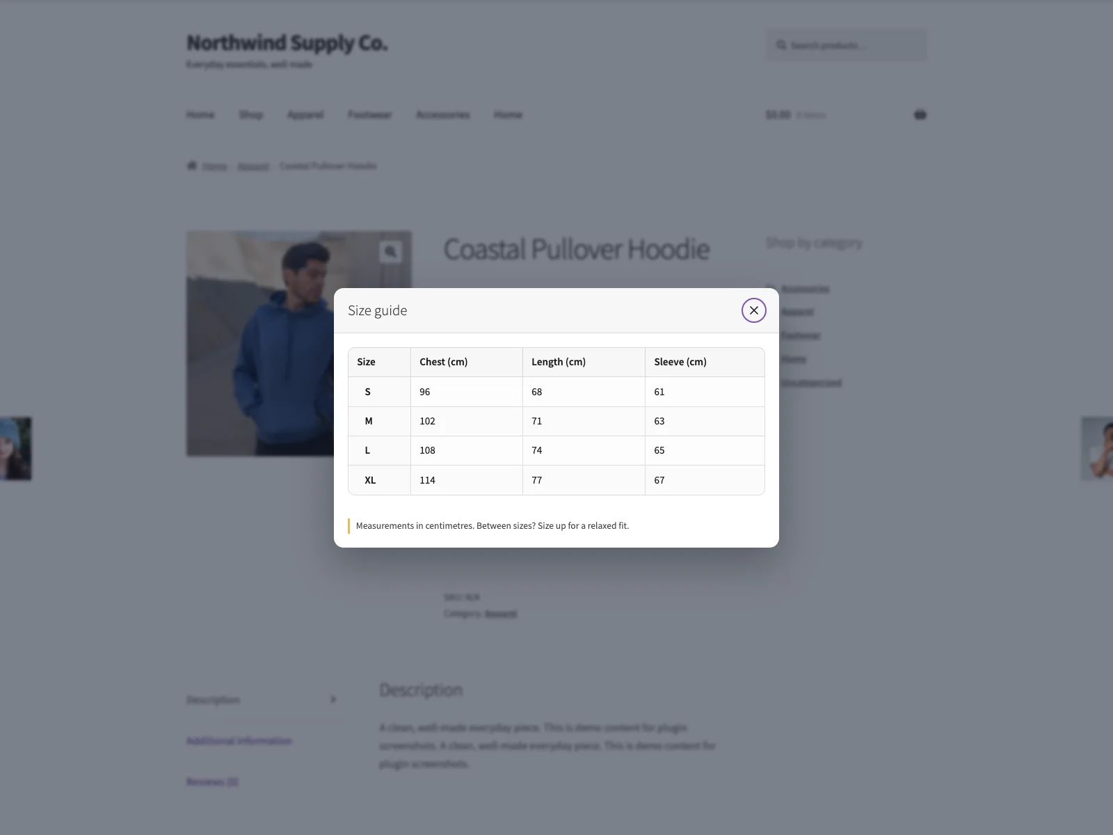 Size guide pop-up on the product page