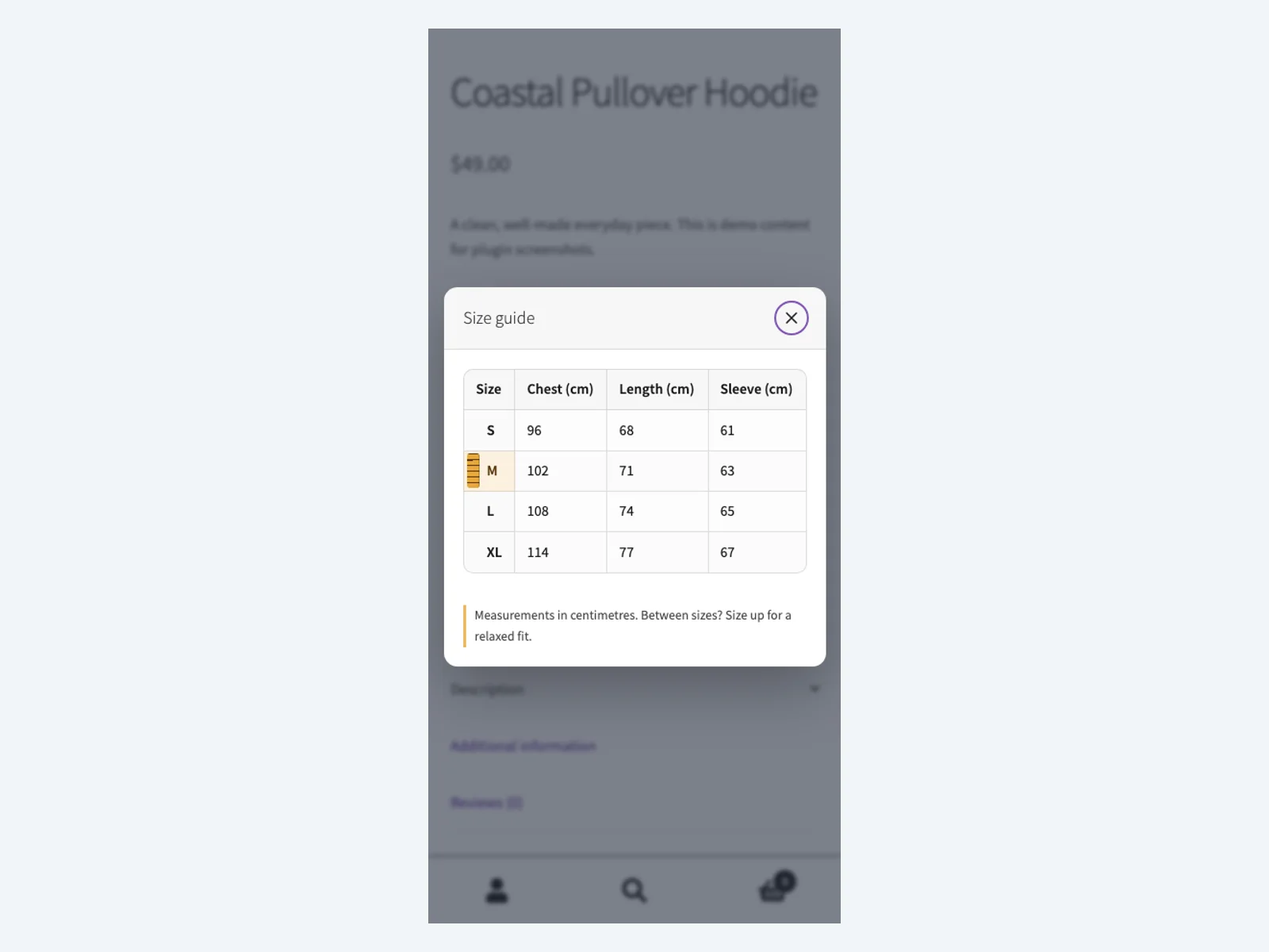 Size chart on mobile