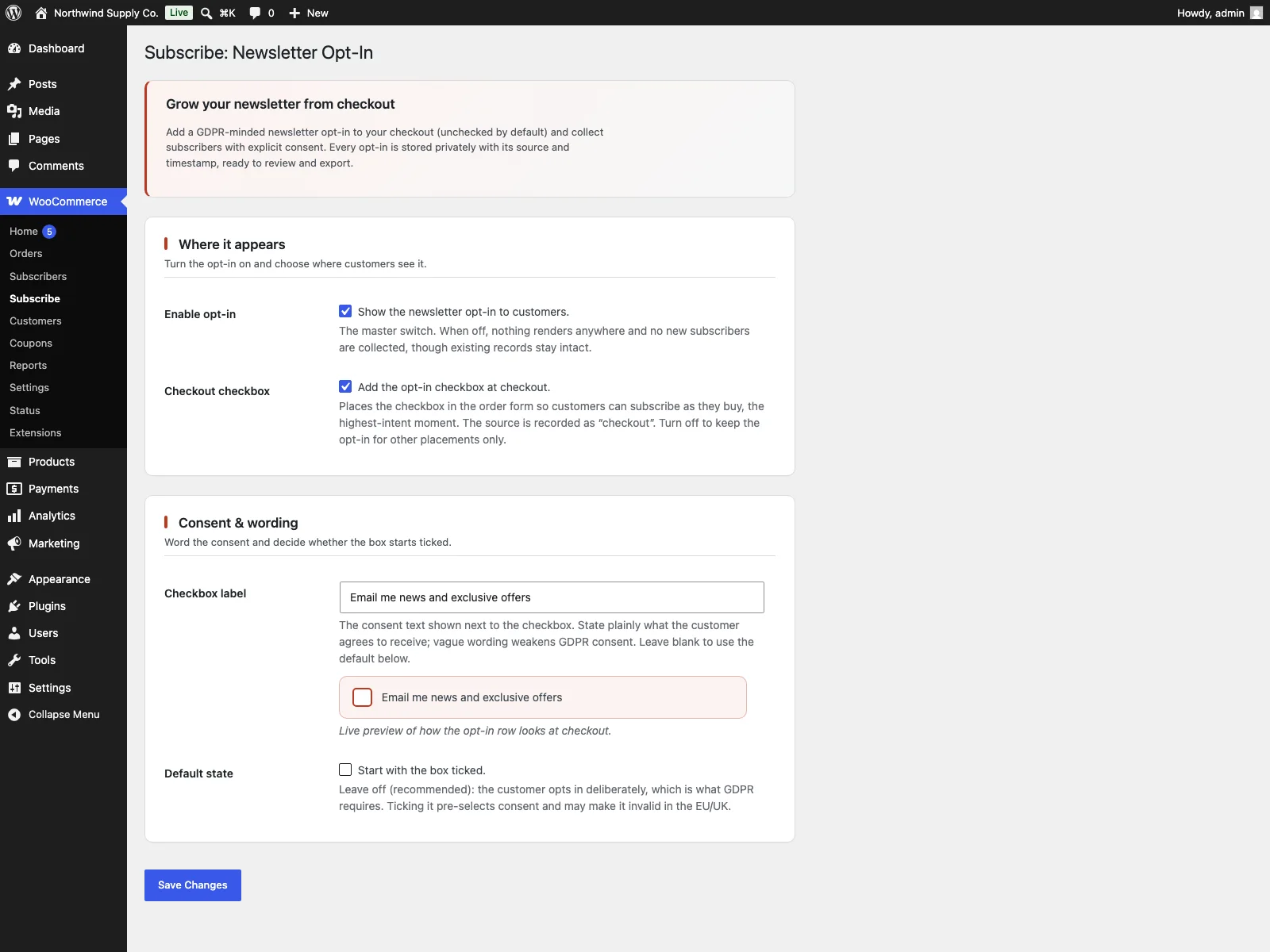 Subscribe settings in the dashboard