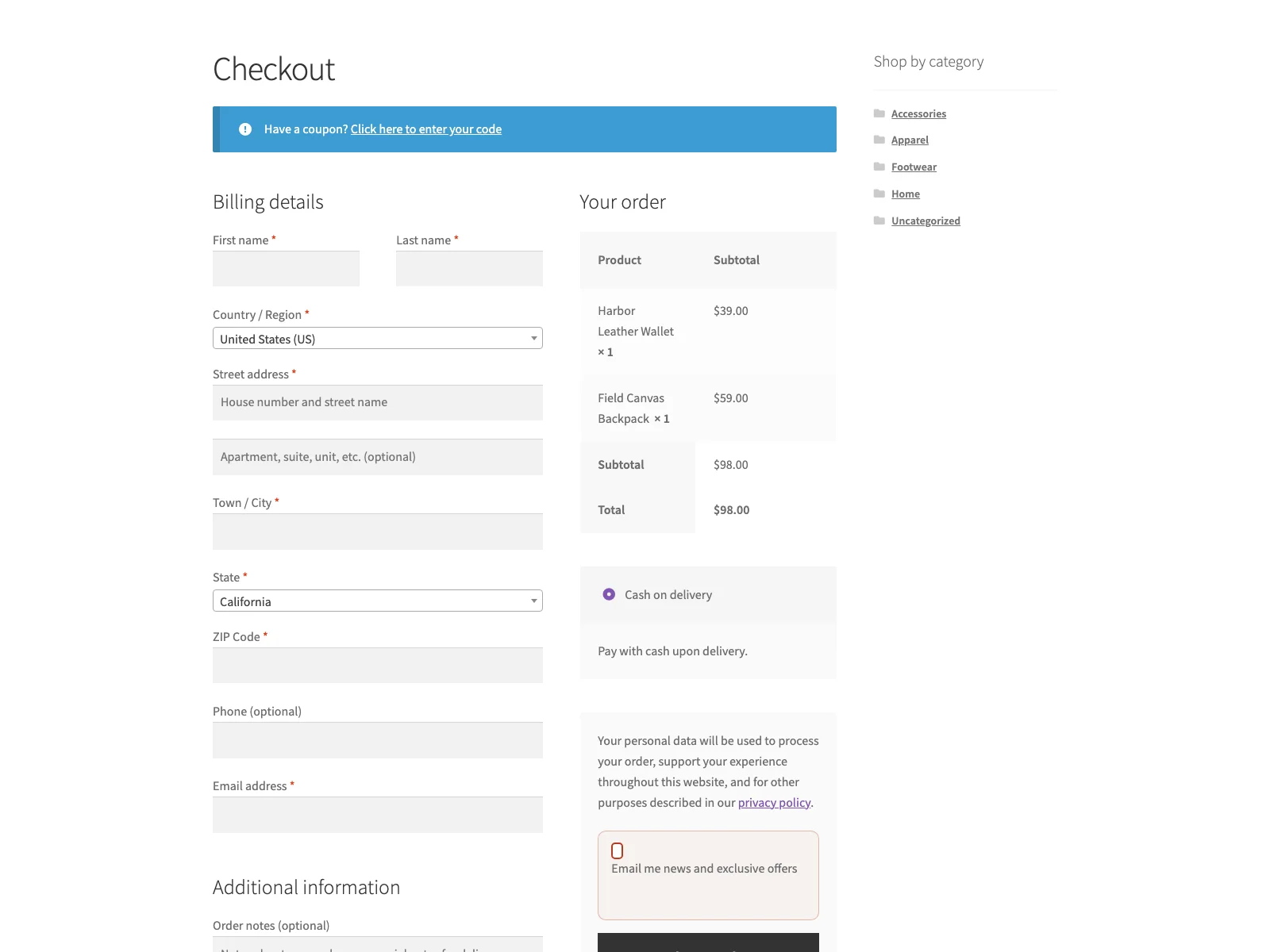 Newsletter opt-in at checkout