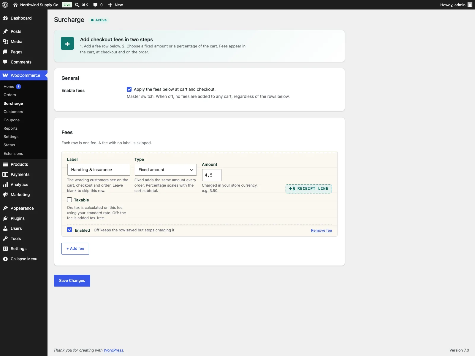 Surcharge settings in the dashboard