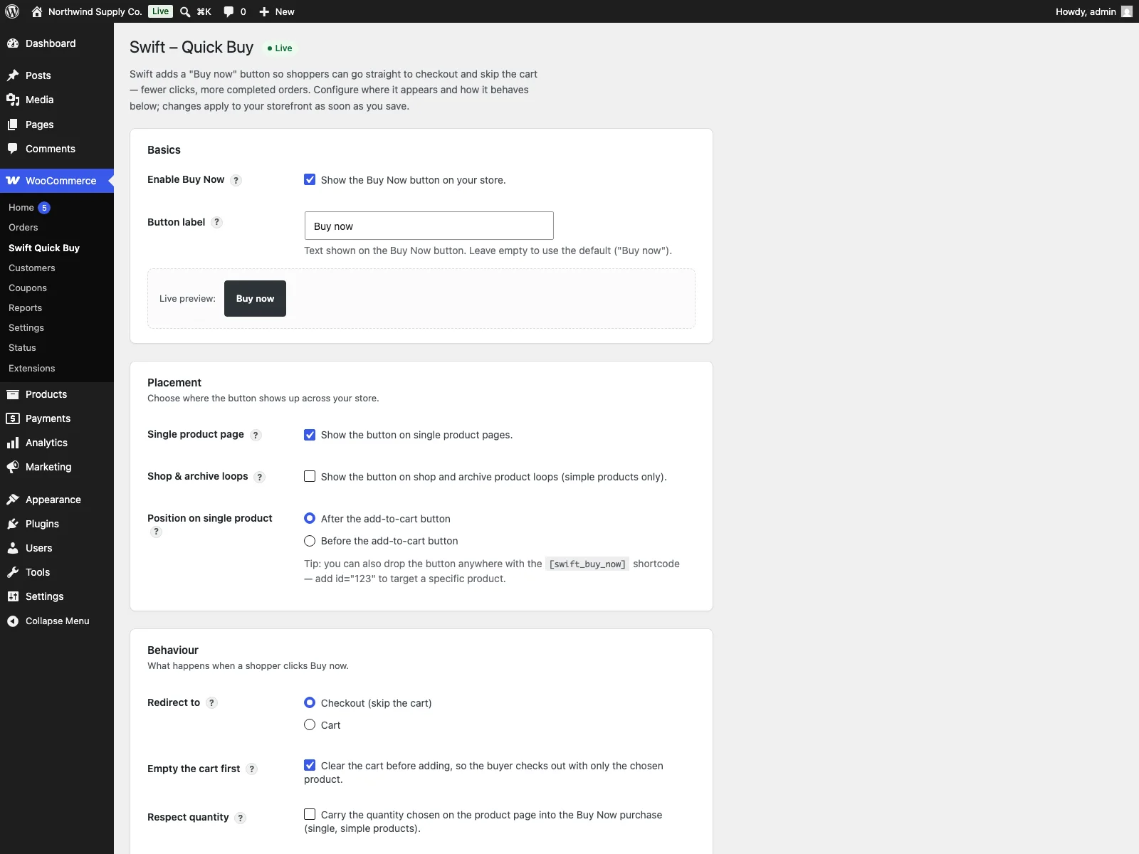 Swift settings in the dashboard