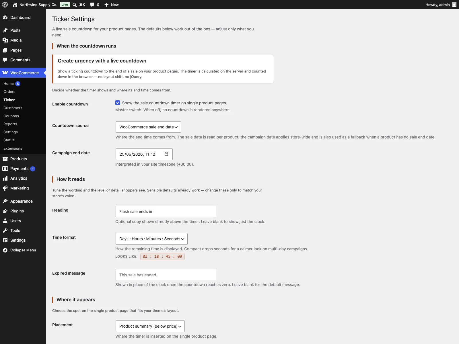 Ticker settings in the dashboard