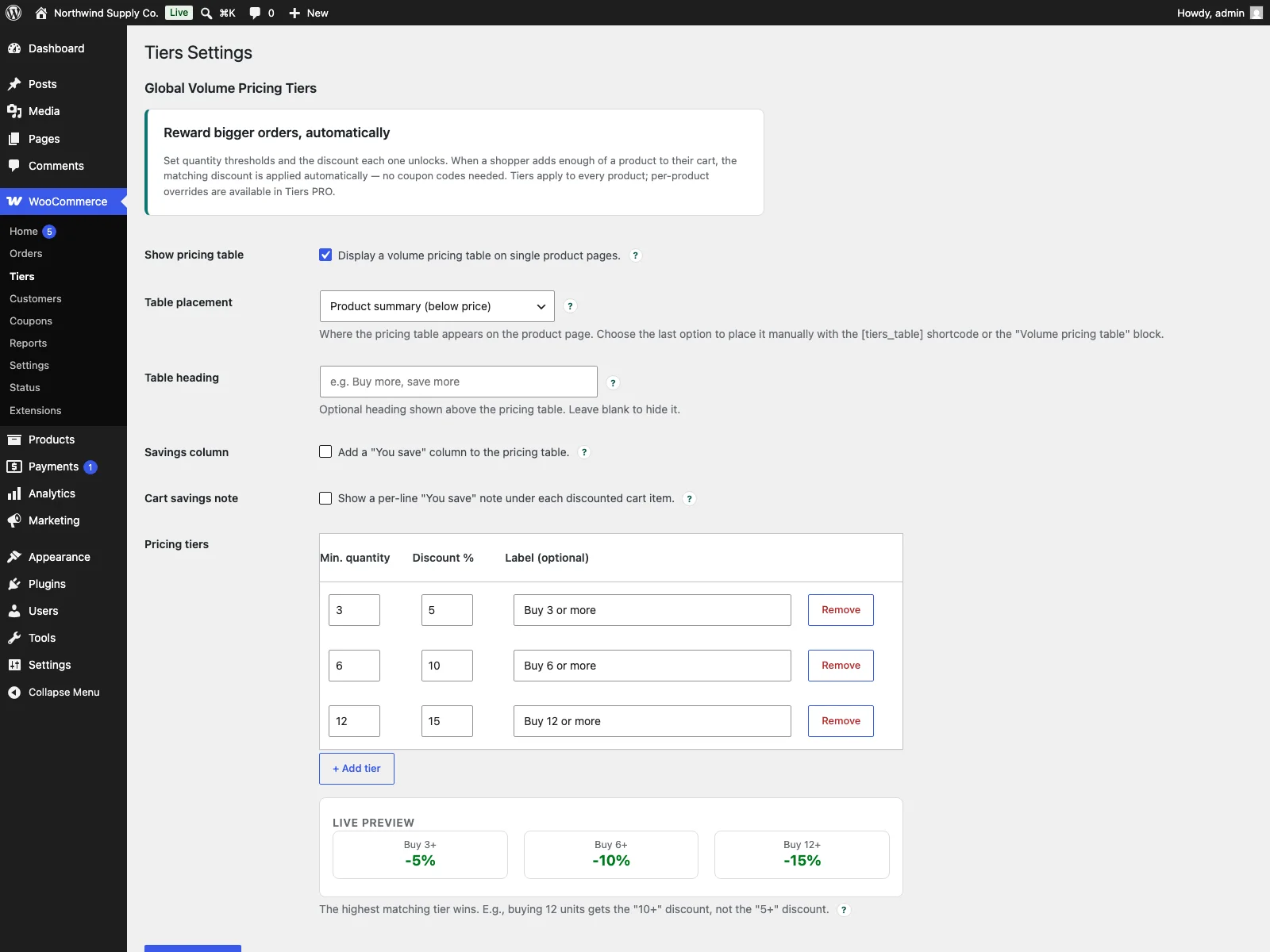 Tiers builder in the dashboard