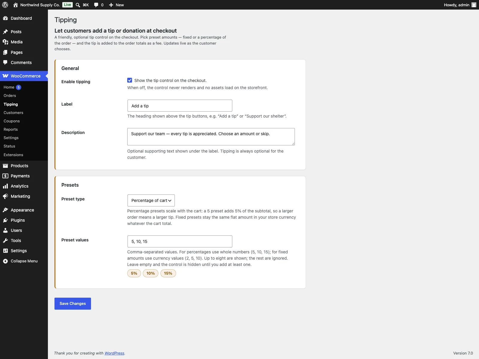 Tipping settings in the dashboard