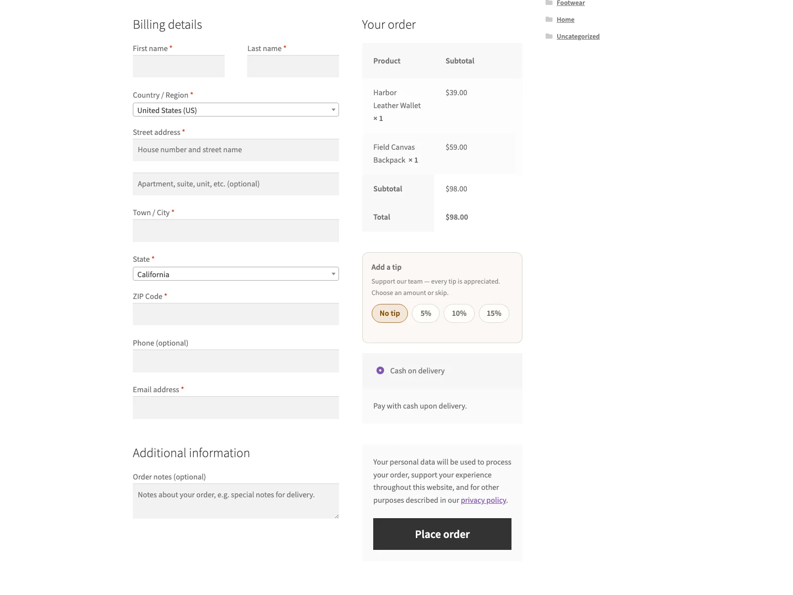 Tip control on checkout