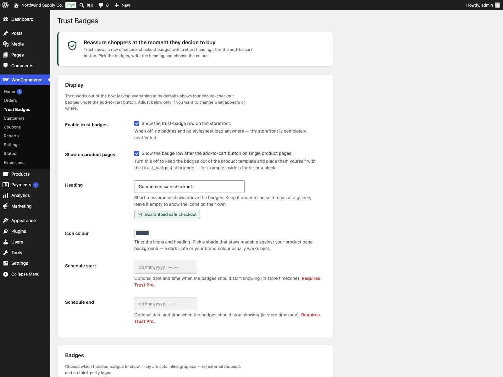 Trust settings in the dashboard