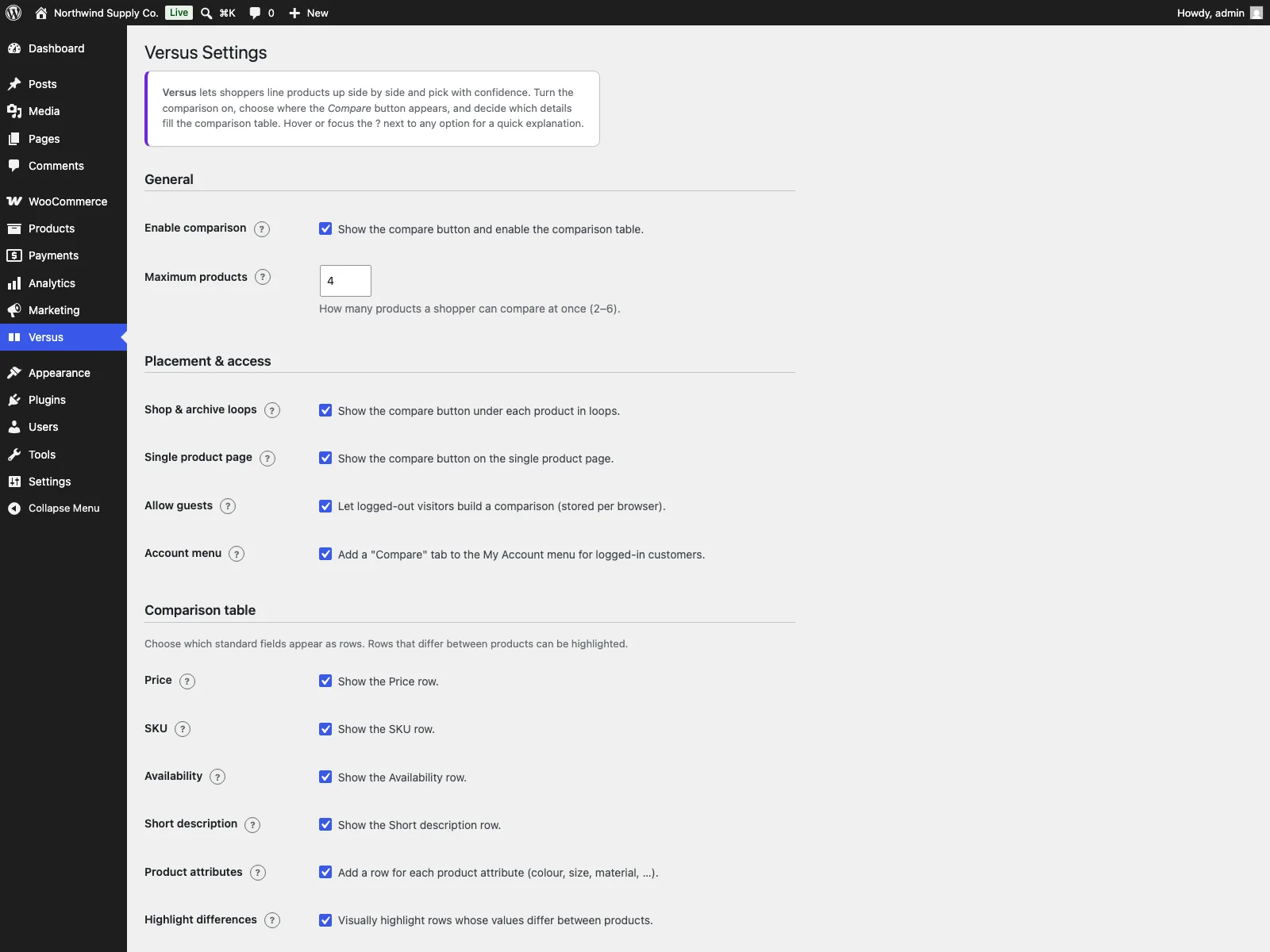 Versus settings in the dashboard
