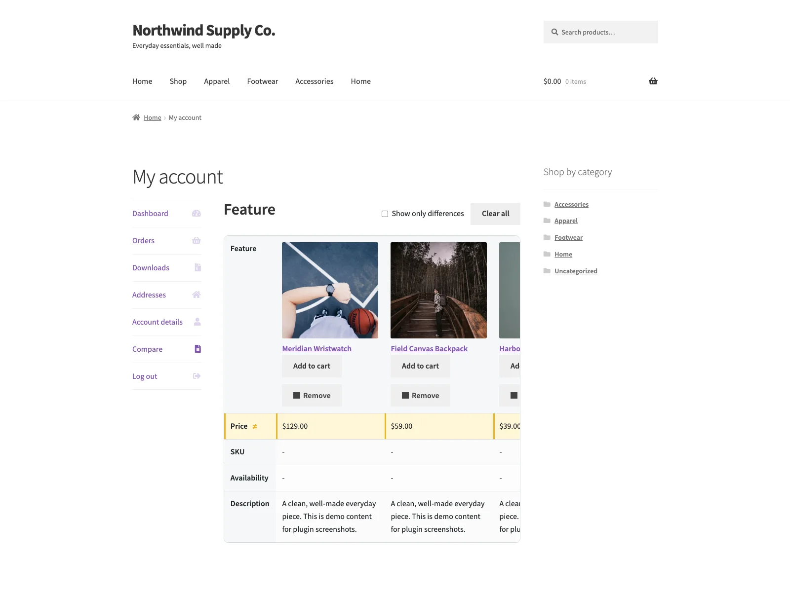 Product comparison table side by side