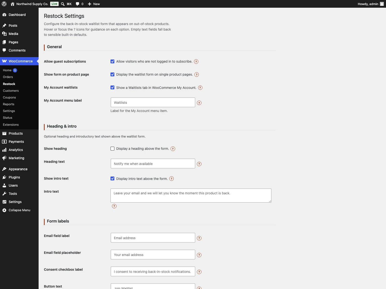 Plogins Waitlist settings in the dashboard