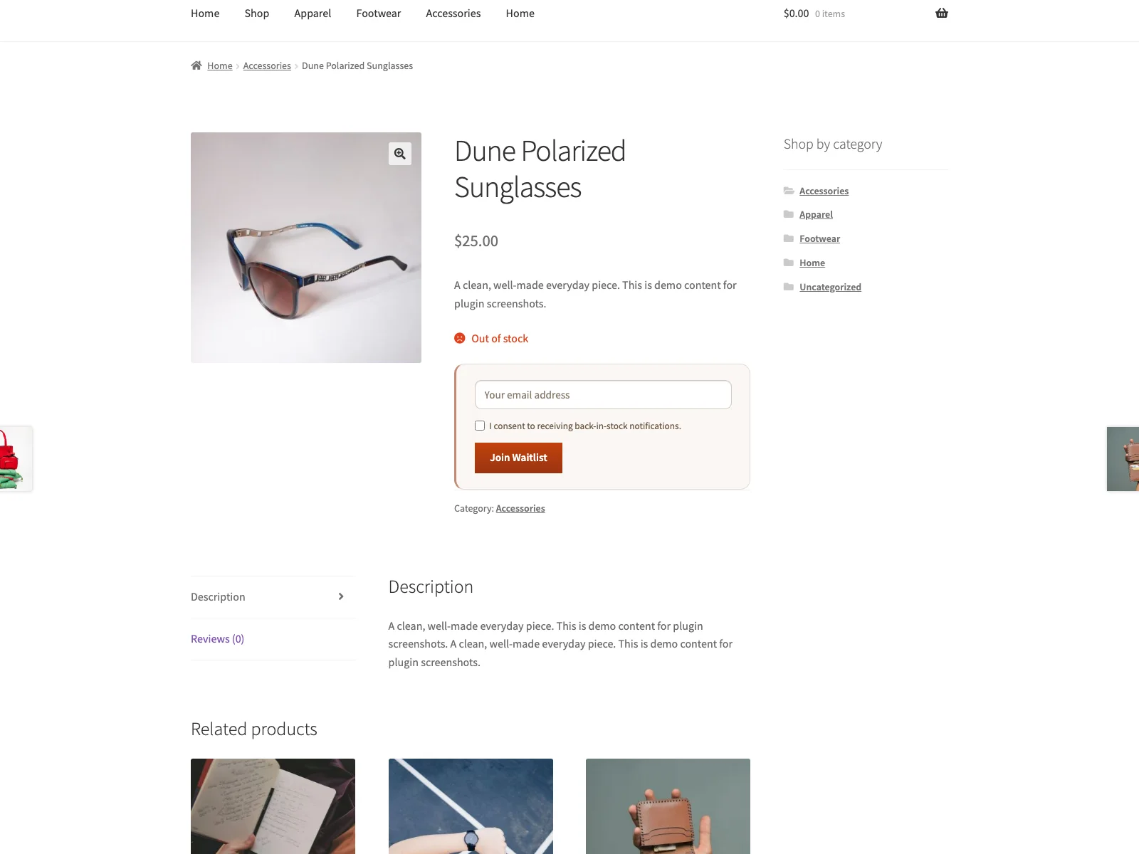 Plogins Waitlist form on an out-of-stock product page