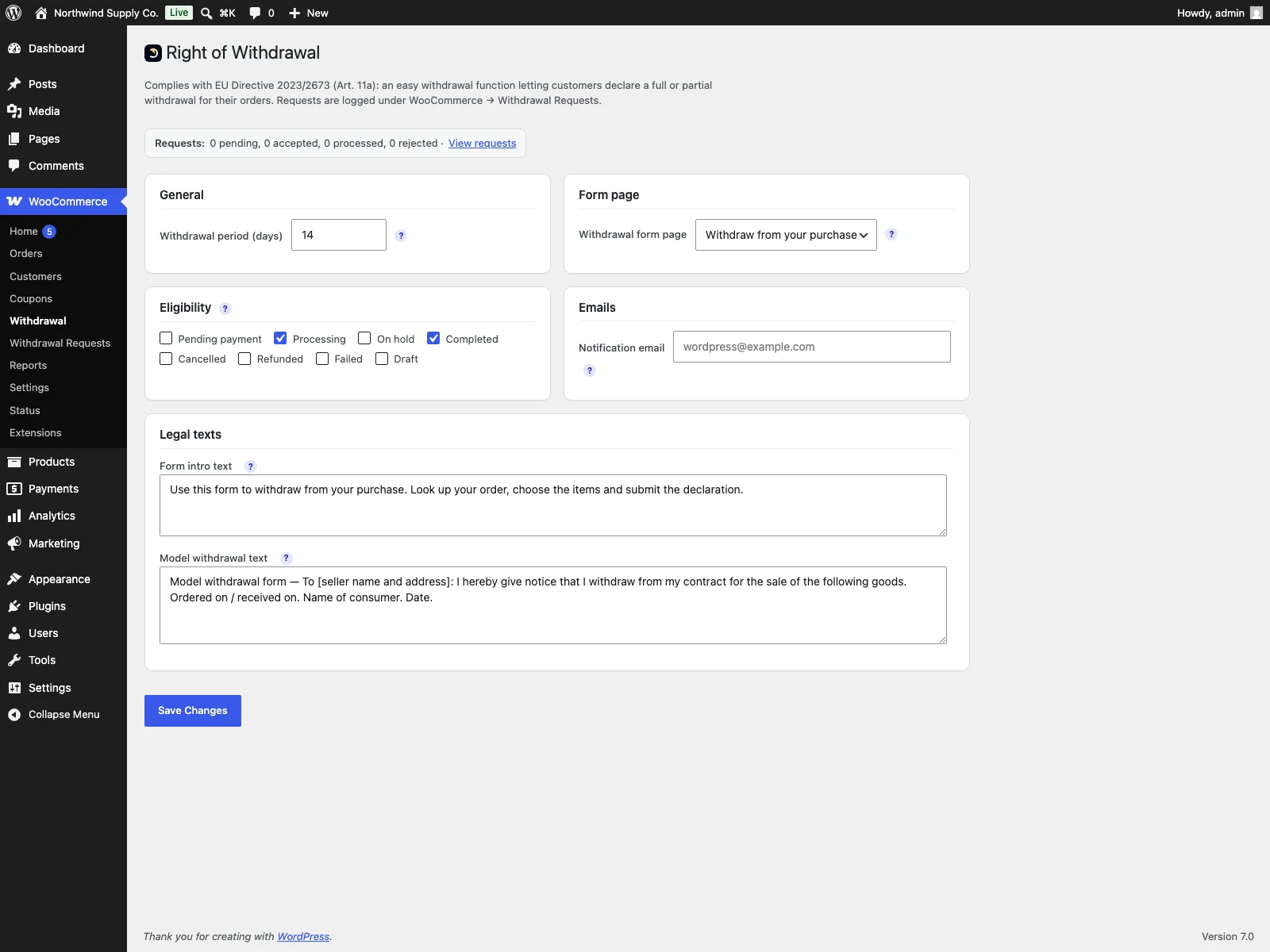 Right of Withdrawal settings screen in WooCommerce admin