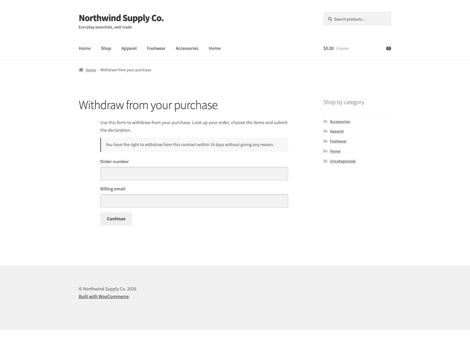 Right of withdrawal form on a WooCommerce store page