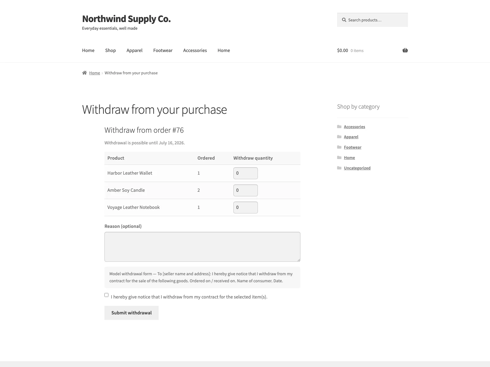 Item and quantity selection in the Withdraw form