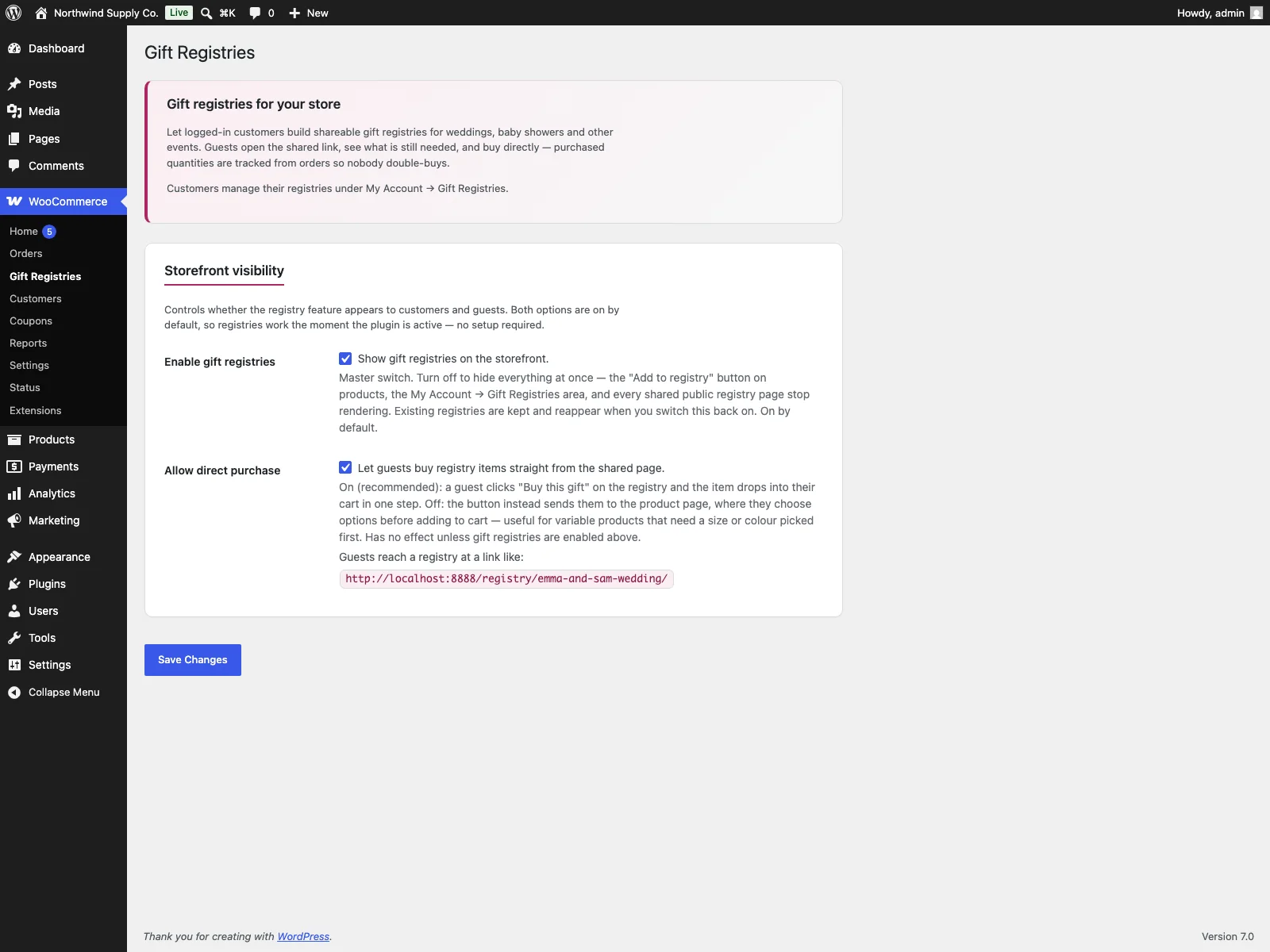 Registry settings in the dashboard