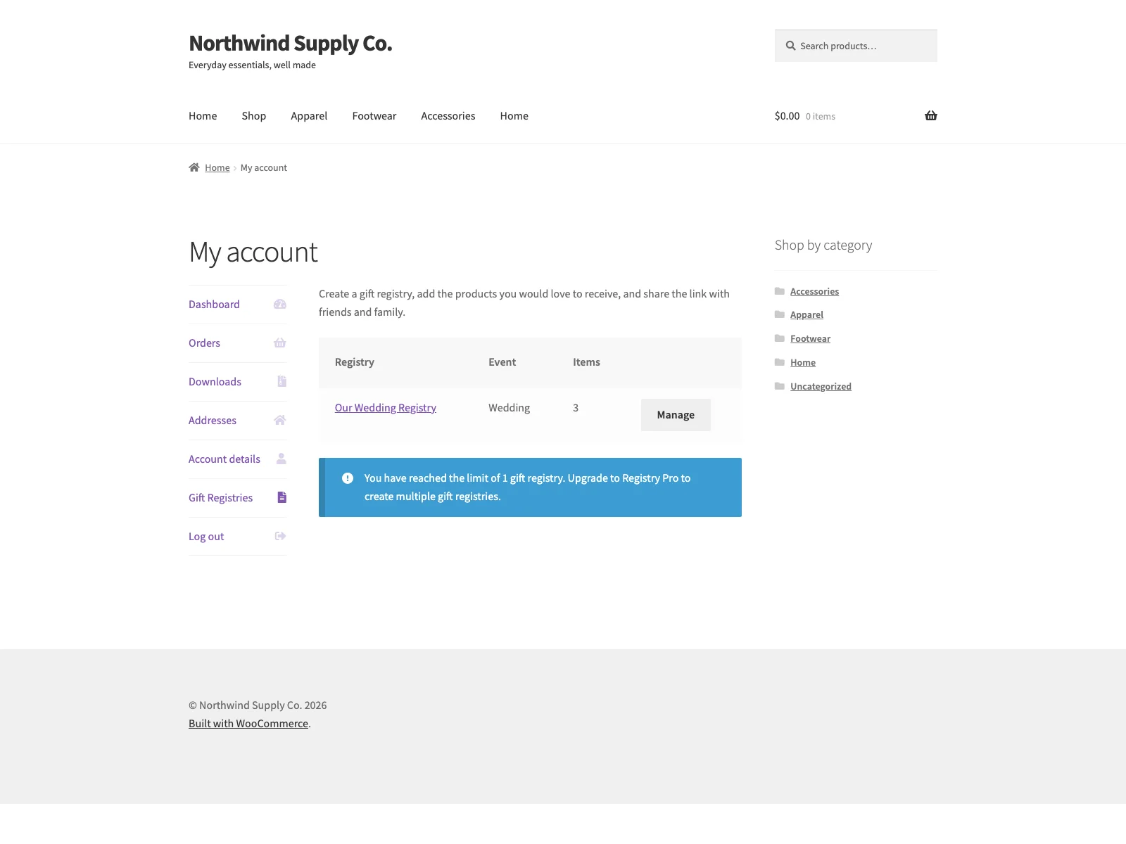 Gift registry manager in My Account