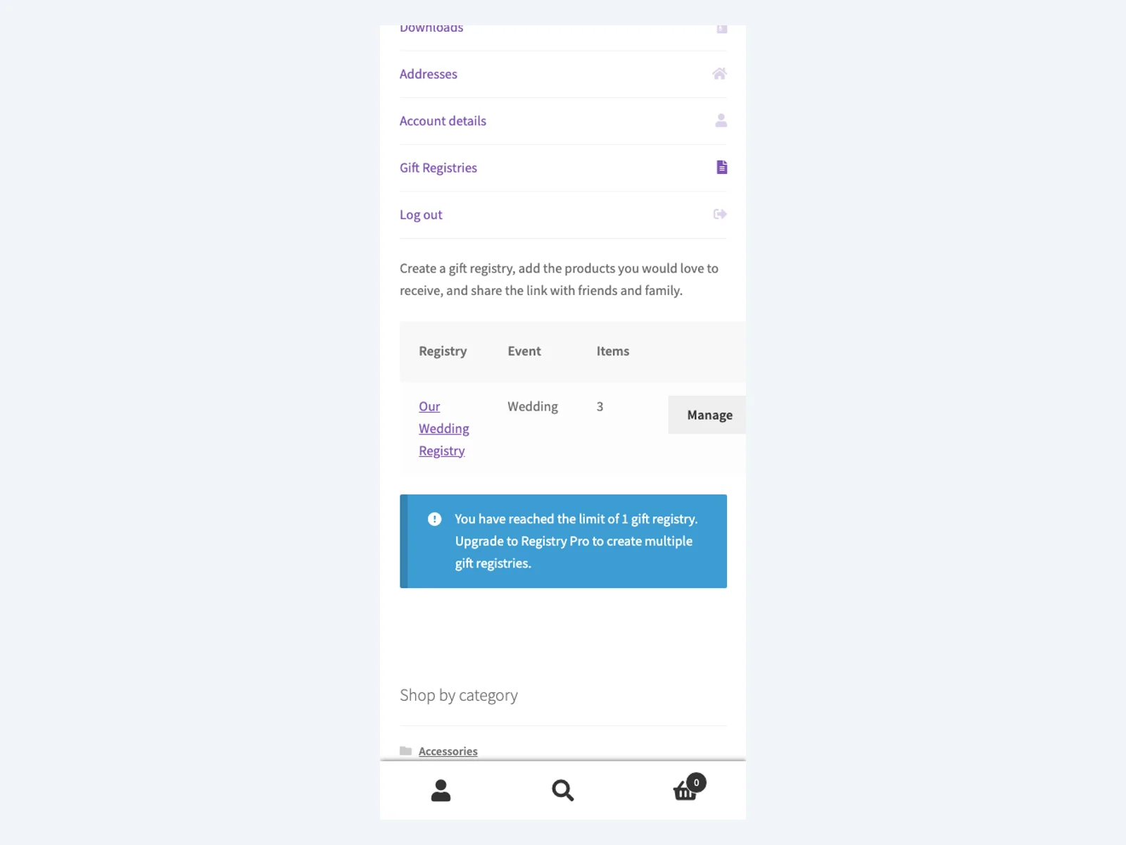 Gift registry on mobile