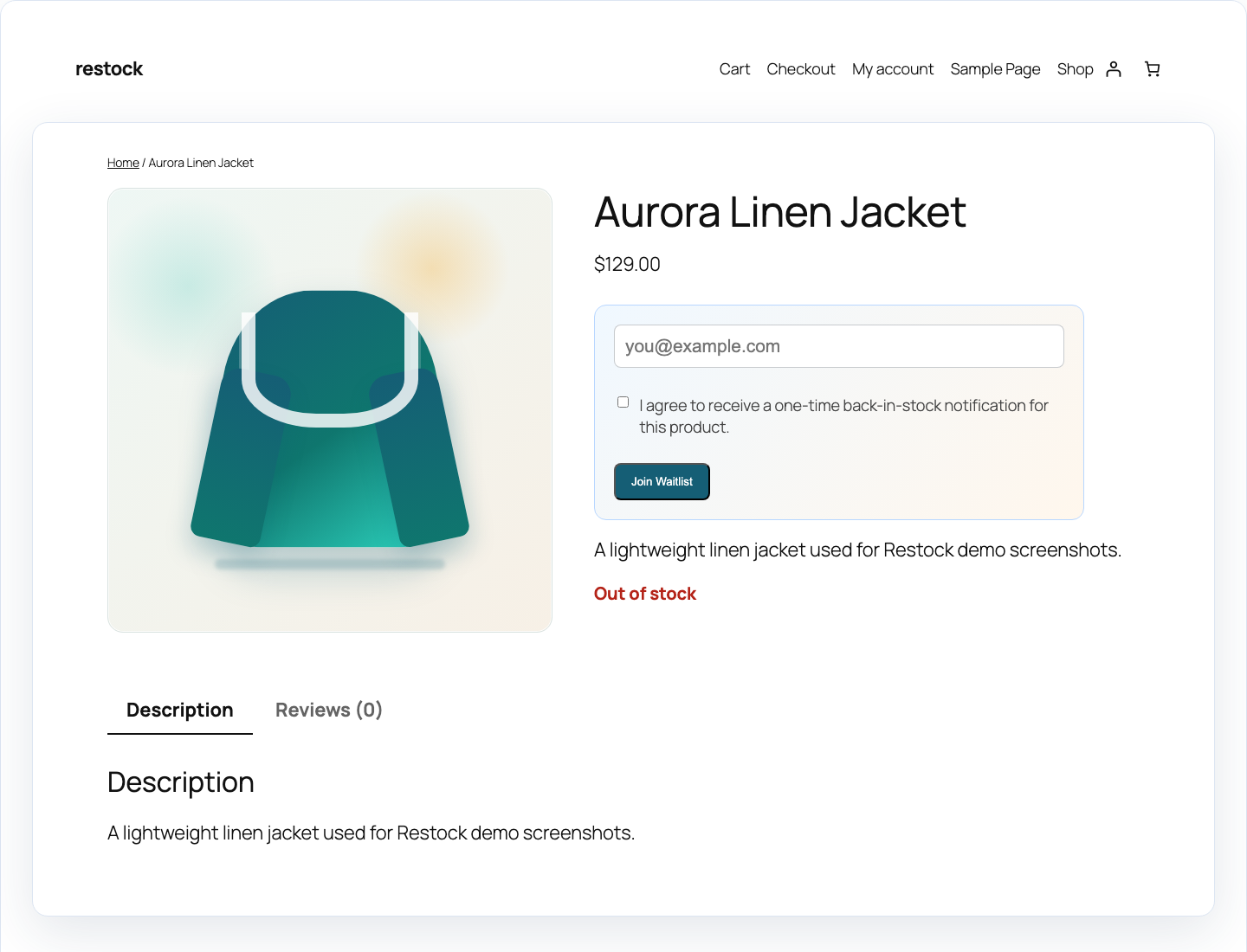 Restock waitlist form on an out-of-stock product page