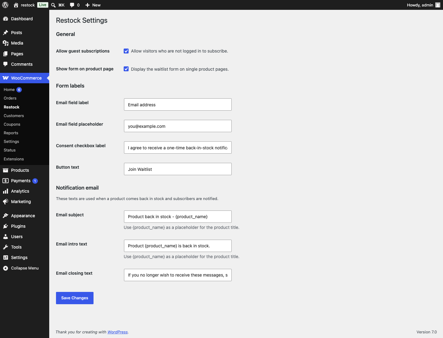 Restock settings — form labels and email copy