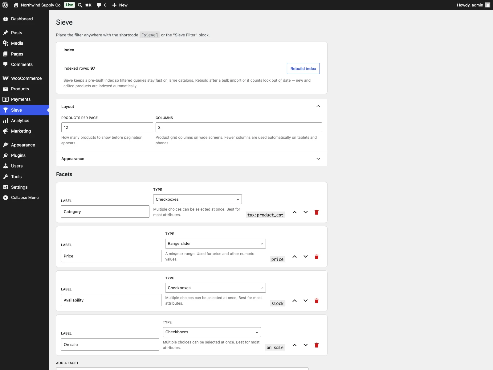 Sieve facet builder in the WordPress admin